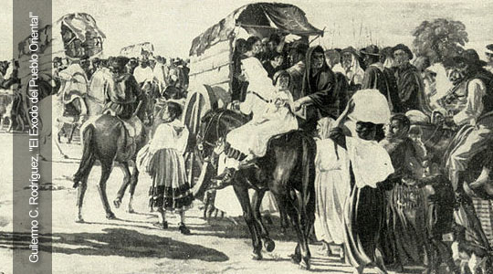 Fotografía de la obra del pintor uruguayo Guilermo C. Rodríguez "El Éxodo del Pueblo Oriental".